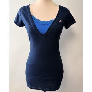 Y2k Hollister Womens Preppy Fitted V-Neck T-Shirt Medium Navy Embroidered Costal